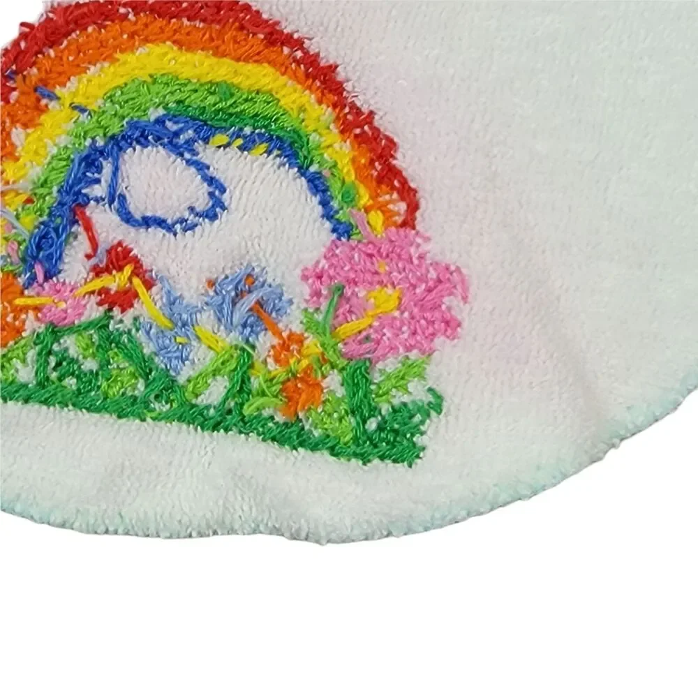 VTG 80s Cross‎ Stitch Bib Rainbow Flowers Terry Cloth White Multi Baby Infant